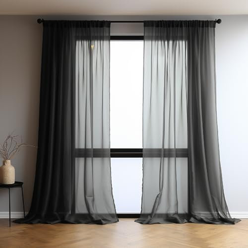 NAKIHOUSE Voile-Vorhang, 84 Tropfen-Netzvorhänge, lichtfilternde Fensterbehandlung, durchscheinend & Vorhänge, mit Schlitzen, Schwarz, durchsichtige Vorhänge für Schlafzimmer/Kinderzimmer, 132 x 213