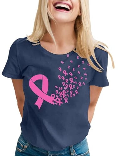 pvucpot Cancer du Sein d'Octobre T-Shirt, Femme Cancer du Sein Octobre Rose Ruban Arc-en-Ciel T-Shirt Pas Cher Haut Femme Chic et Elegant Grande Taille (03 Marine, XL)