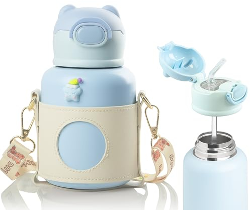 m MU Borraccia Termica Bambini 500ml con Cannuccia - Acciaio Inox Senza BPA, Impermeabile, Mantiene Caldo e Freddo | per Asilo, Scuola, Sport (BLU)