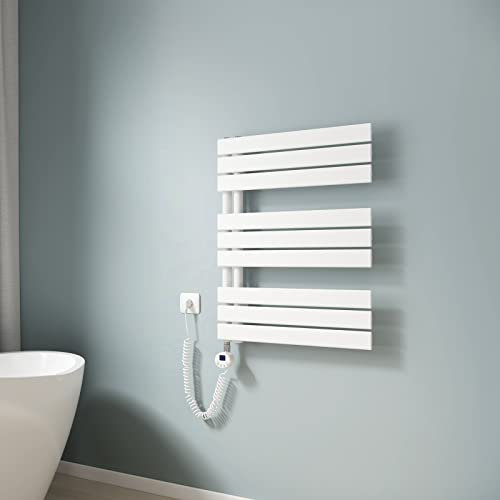 EMKE Toallero electrico baño con Termostato de Elemento Calefactor, 762x600mm 400W Radiador toallero con Barra Calefactora con Temporizador, Blanco