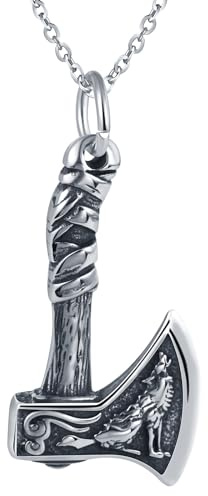 INFINIONLY Herren Edelstahl Axt Halsketten Creative Axtkopf Ketten Anhänger mit Wolf Muster für Jungen Silber