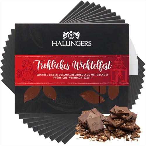 Hallingers Genuss Manufaktur Schokolade Weihnachts-Geschenk - Tafel Edelkakao handgeschöpft ohne Alkohol edler Karton 10x Fröhliches Wich... Orange, Weihnachten für Frauen Männer