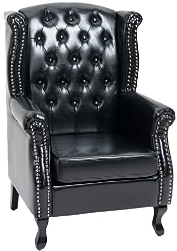 HOMCOM Wingback Armchair, PU Leather Fireside Chair, Button Tufted Accent Chair for Living Room, Bedroom, Home Office, Black