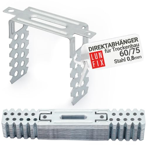 LUN FIX Suspensions Directes 60/75 mm 0,8 mm, 100 pcs, Accessoire Bricolage | Équerre Pour Profilé En U CD 60/27, Suspension Plafond Fixation Placo, Attache Plafond Métal Acier Galvanisé Rail Placo