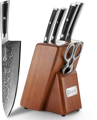 Sunnecko Couteaux de Cuisine en Damas 67 Couches, Set Couteau Cuisine Professionnel 4 Pièces Office Santoku Chef Nakiri, avec Bloc en Bois Marron et Ciseaux Cuisine