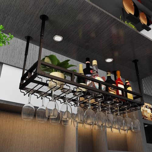 sjdoPulse Étagère à vin de plafond avec porte-bouteille en métal noir, porte-gobelet à vin suspendu porte-bouteille à vin vintage avec porte-bouteille mural