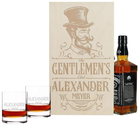 Herz & Heim® Whisky Geschenkset mit 2 gravierten Gläsern, 1 Geschenkbox aus Holz und einer 0.7l Flasche Bourbon Whiskey (Gentlemen´s Club)