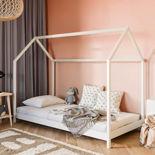 Lomadox Kinderzimmer Kinderbett Hausbett Einzelbett 80x180 cm Kiefer weiß