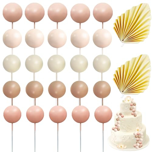 HANIUTTY 27pcs Decoration Gateau Mariage Anniversaire, Rose Champagne Balle Boule Decoration Gateau Cupcake Topper Boule Balloon Boho Décoration De Gateau Feuilles De Palmier Décoration De Gateau
