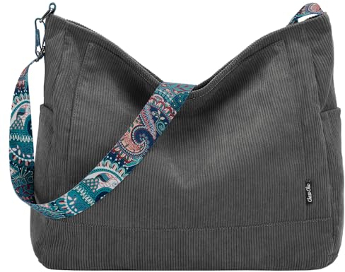 Chase Chic Cord Umhängetasche Damen,Große Schultertasche mit Verstellbarem Riemen,Casual Shopper Tasche Damen für Arbeit Büro Schule Reisen Grau