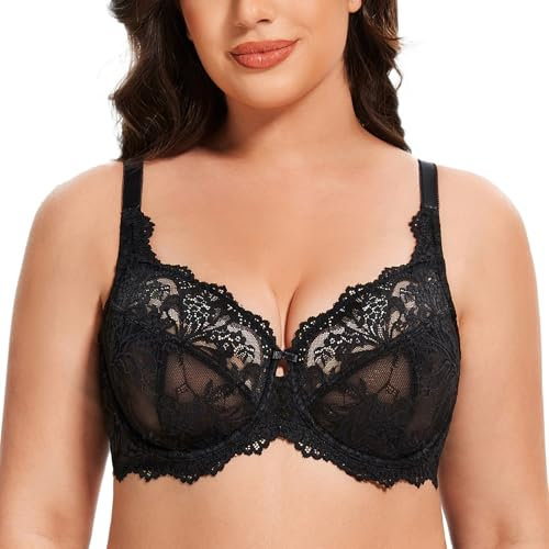 MELENECA Women's Plus Size Minimizer Bras Full Coverage Lace Unlined Underwire Bra Black 36D