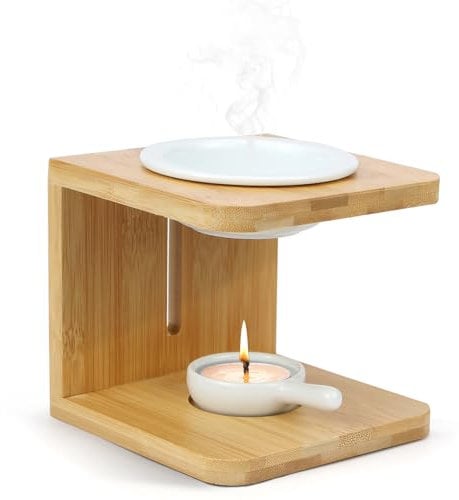 KXVXXV Duftlampe für ätherische Öle, Duftöl Lampe aus Keramik Bambus, Öl Duftlampe Teelicht, Duftlampe Wachs, Stövchen für Duftöle, Duftöl und Duftwachs für Zuhause, Büro, Spa