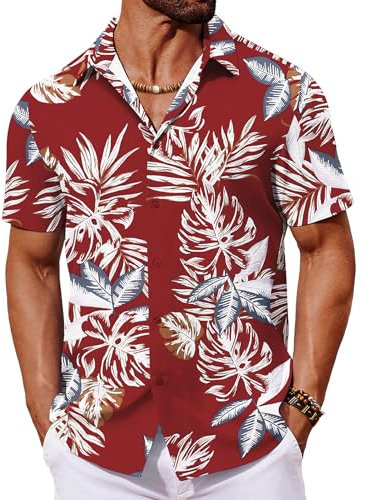 COOFANDY Hawaiian Shirts for Men Short Sleeve Palm Tree Shirt Holiday Shirts Lightweight Hawaii Beach Shirt Regular Fit Palm Leaves Red XXL