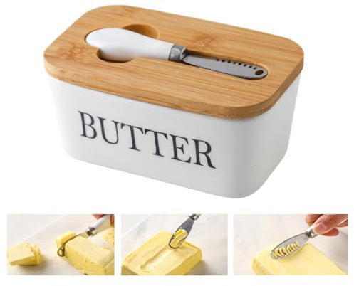 Ceramic Butter Dish with Wooden Lid,Large Butter Container Keeper Storage with Stainless Steel Butter Knife Spreader,Bamboo Cover and Silicone Sealing Ring for Perfect for Butter,Cheese (White,610ML)