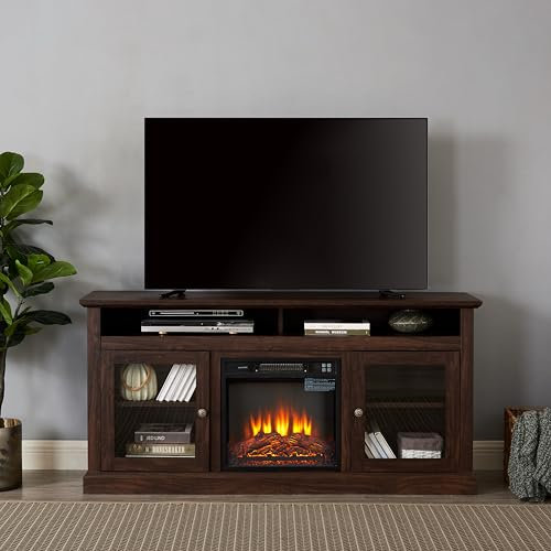 Cheminee , Meuble TV moderne Support multimédia TV Console de divertissement moderne avec insert de cheminée de 18 pouces for téléviseur jusqu'à 65 pouces avec espace de rangement ouvert et fermé Marr
