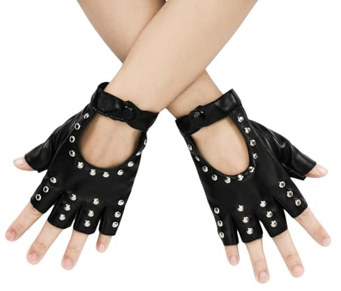 Capaneus 1 Paar Punk Handschuhe Fingerlos,Fingerlose Handschuhe Damen und Herren,Fingerlose Handschuhe Damen Leder,Nieten Handschuhe für Karneval,Cosplay,Themenparty
