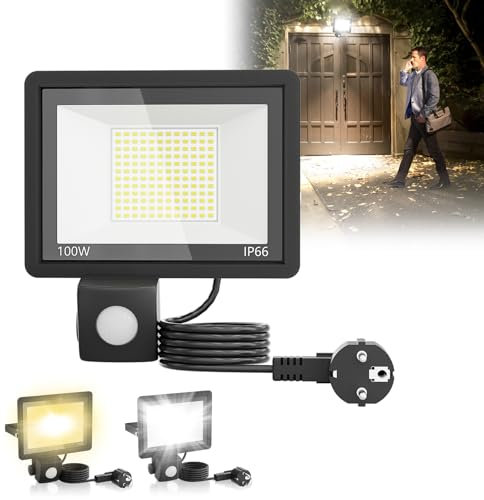 Froadp LED Außenlampe mit Bewegungsmelderr Aussen Strahler mit 150cm Stromkabel IP66,100W Außenstrahler aus Aluminium-Druckguß,Fluter Licht für Garten,Terrasse,Garage,Hof (Mit Stecker, Kaltweiß)