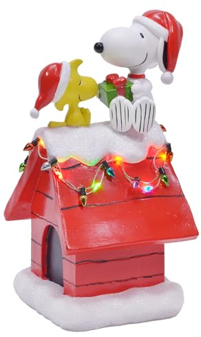 Mark Feldstein & Associates Peanuts Snoopy's Dog House - Figura navideña de resina con luces LED de Navidad, 7.5 pulgadas, color rojo