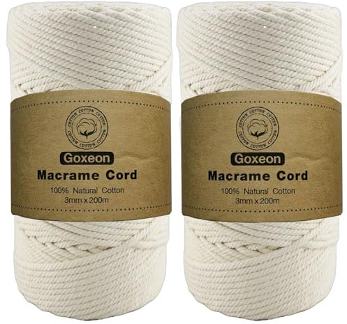 2 Pack Macrame Cord 2x 3mm x 200m Cotton Cord - 4 Strand Twisted Natural Cord for Wall Hanging, Plant Hangers, Crafts, Knitting(Beige+Beige)