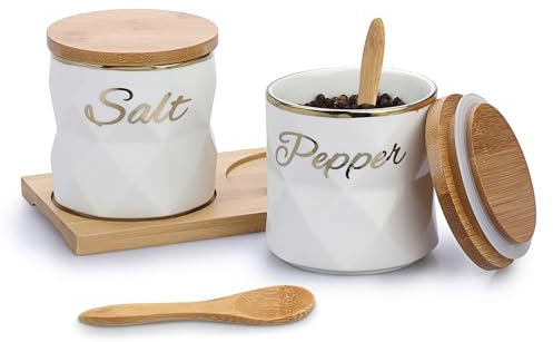 BTSKY White Ceramic Salt and Pepper Canisters with Lid and Tray - Airtight Set of 2 Storage Containers with Wood Spoons, Salt & Pepper Storage Jar with Bamboo Lid, Cooking Seasoning Jar, Spice Bowl