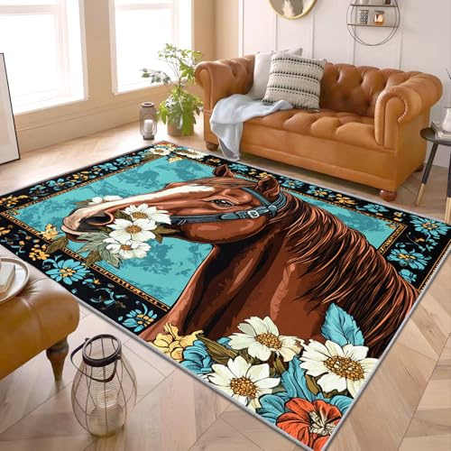 PaxGloz Pferde Teppich - Teppiche Wohnzimmer Schlafzimmer Pferdemotiv, Großer Teppich Rustikal, Weich Kurzflor & Waschbar & rutschfest Wohnzimmerteppich, Kinderteppich, Bettvorleger 140x200 cm