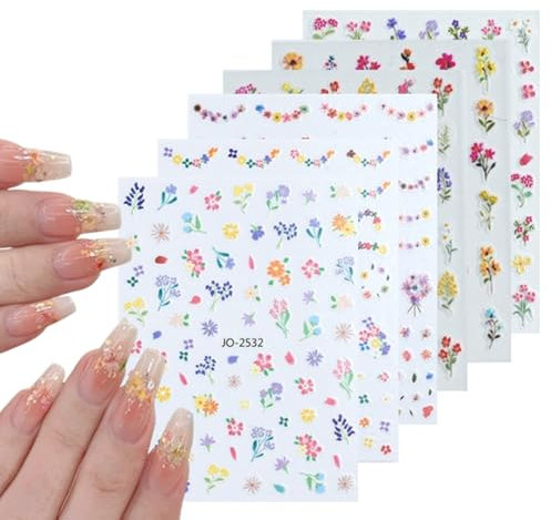 6 Fogli Primavera Fiori Adesivi Unghie Nail Art Stickers Autoadesivi 3D Decorazioni Nail Art Disegni con Pinzette (Fiori)
