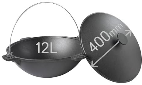 BIOL Gusseisen Kessel (Kazan) 12 Liter mit Bügel und Gusseisen Deckel, vier Griffe, Schmortopf zum Kochen, Schmoren, Braten, Frittieren, WOK für Plov, für offenes Feuer, Camping, Outdoor