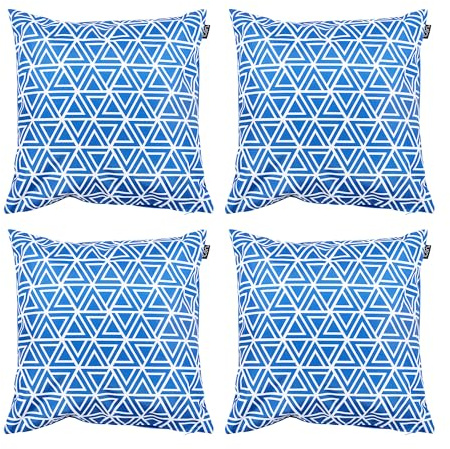 Bean Bag Bazaar Outdoor Cushions Filled, Geometric Collection, Blue, Set of 4, 43cm x 43cm, Water Resistant, Blue Outdoor Cushions for Garden Furniture, Garden, Patio