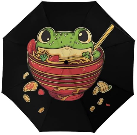Kawaii Frog Eating In Ramen Bowl Travel 3 Fold Automatic Umbrellas Compact Manual Umbrella for Rain Sun