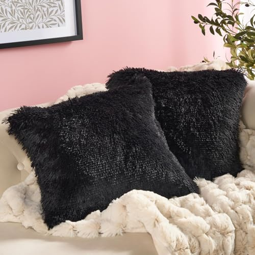 OHS Fluffy Cushion Covers 45 x 45cm Black, Ultra Soft Decorative Throw Pillow Covers Pack of 2 with Invisible Zipper for Couch Living Room Bedroom Square Pillow Cases
