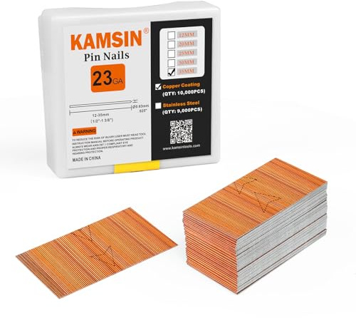Kamsin P635 23 Guage Copper Coated Pin Nails, 35mm, 10000PCS | 23GA headless pin nails with copper coating, 35mm (1-3/8) length. 10000PCS for pin nailers, cabinets, wood and decoration