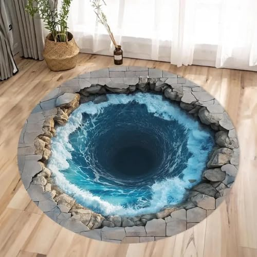 3D Illusion Riss Rund Teppich Für Wohnzimmer, Große Designs Mit Bodenlosen Und Ozeantiefen Löchern Optische Illusion Waschbare Runde Fußmatten, Schlafzimmer Dekoration Zu Hause (Farbe 1,120cm)