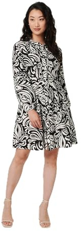 Izabel London Printed Long Sleeve Knee Length Dress for Women UK with a high Neck, a Skater Shape and Buttons.