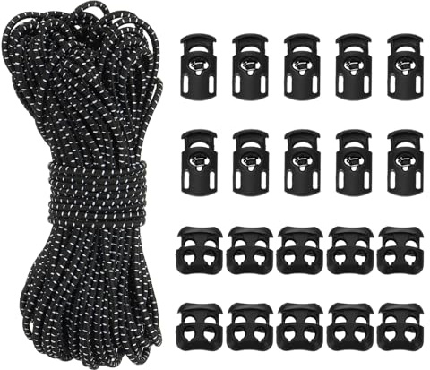 YELARXI Cord Locks, Elastic Bungee Cord, Spring Toggle Stopper Slider with Single-Hole & Double-Hole - Fitting for (Drawstring/Backpack/Shoelaces/Bags/Clothing) 50 ft & Black/White