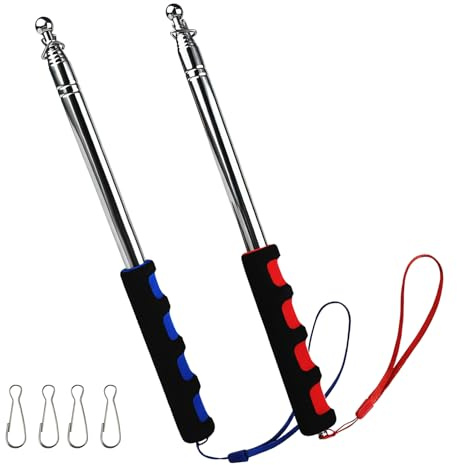 Calvior 2 stycken teleskop flaggstång, 2 m handhållen teleskop flaggstång rostfritt stål med 4 klämmor krokar, teleskopstång flaggstång utdragbar för resor camping resestege (blå och röd)