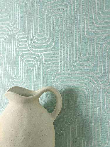 Newroom papier peint intissé vert clair motif graphique couloir | reflets métalliques, lignes de contour argentées, style rétro, décoration murale salon et chambre