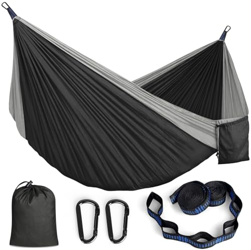 Hamaca Colgante Exterior Amaca Tela Paracaidista Ultraligera con Mosquetones y Correas Ajustables para Camping Jardin Terraza, 295x140cm, Capacidad 350kg, Negro y Gris