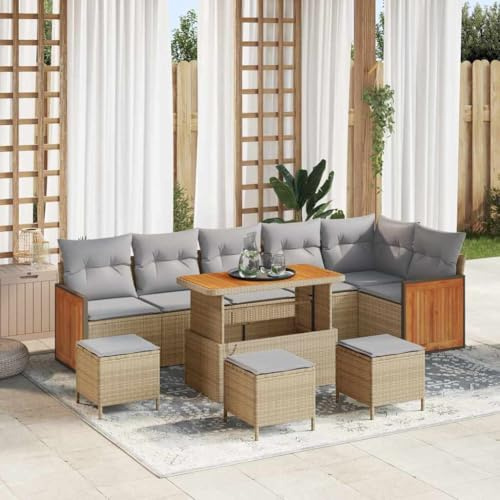 Runheo Garten-Sofa-Set mit Kissen, 10-teilig, Beige/Hellgrau, Poly-Rattan & Stahl, modular, UV-beständig, höhenverstellbarer Tisch für Terrasse, Balkon