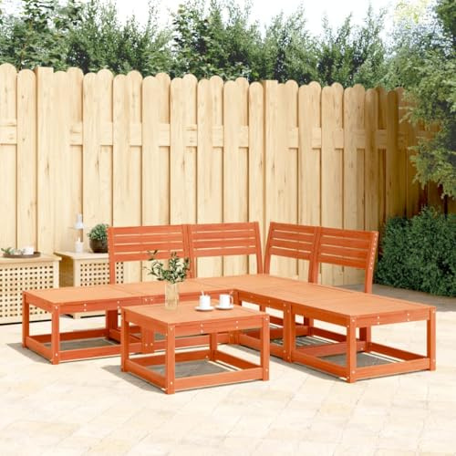 Ordellia Salon de Jardin en Bois de pin Massif Cire Marron, Ensemble 5 pcs modulable avec canapé d Angle, 2 canapés sans accoudoirs et 2 Repose Pieds pour terrasse