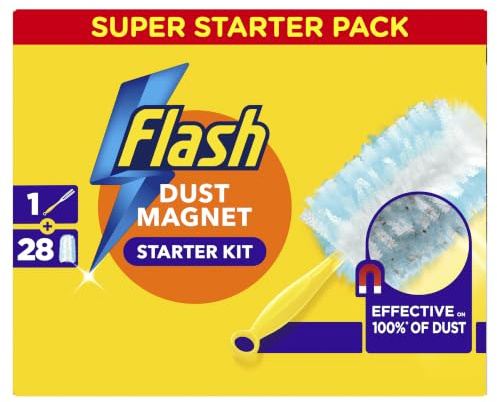 Flash Dust Magnet Duster Starter Kit (1 Handle + 28 Refills) | Trap & Lock Away Dust, Dirt & Hair In No Time