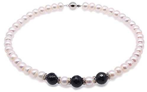 JYX perlenkette weiß suesswasser perlenkette 10–10,5 mm, Weiß mit schwarzem Achat 18 for Women