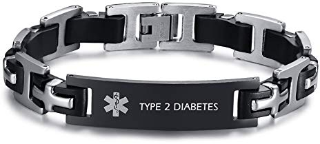 XUANPAI Edelstahl Schwarz Silikon Hochglanzpoliert Medical Alert Notfall Armband Link Armband für Männer Gravieren mit Type 2 Diabetes
