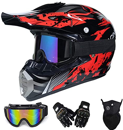 VOMI Motorradhelm Motocross Helm Kinder Rot Schwarz, Full Face Off-Road Motorrad Cross Helme mit Visier Brille Maske Handschuhe, Motorbike ATV MTB Freien Sport Motorcycle Helmet Set, XL 58-57CM
