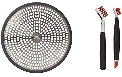 OXO Good Grips Easy Clean Shower Stall Drain Protector - Stainless Steel & Silicone & Good Grips Deep Clean Brush Set