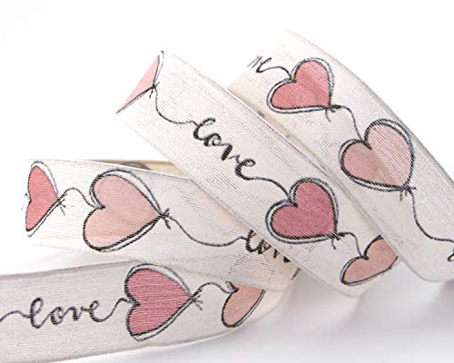 finemark 3 m x 25 mm Dekoband Love Creme Rosa Drahtkantenband mit Herzen Schleifenband Geschenkband Stoffband Hearts Valentinstag