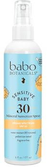 Babo Botanicals Sensitive Baby Mineral Sunscreen Spray SPF30 - Natural Origin Zinc Oxide - Non-Aerosol – Face & Body - Fragrance-Free - Water Resistant - For Babies & Kids