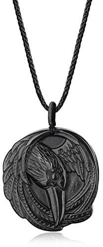 COAI Adjustable Cord Raven Black Obsidian Stone Pendant Necklace