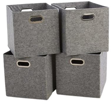 Home Source Cube Storage Boxes, Collapsible Fabric Storage Baskets, Foldable Canvas Organising Boxes, 4 Piece, Felt Grey