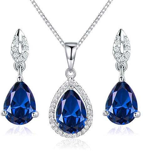 Schmuckset Saphir 925 Sterling Silber Damen Tropfen Kette Ohrring Halskette Anhänger Ohrstecker Geschenk Verpackung 40+5CM Kettenlänge Geschenke für Party/Jahrestag/Geburtstag