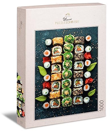 Ulmer Puzzleschmiede - Puzzle „Sushi“ - Japanisches Essen als modernes 1000 Teile Puzzle aus der Küche, mit Maki Sushi farbenfroh inszeniert - gelungene asiatische Food-Fotografie zum Puzzeln